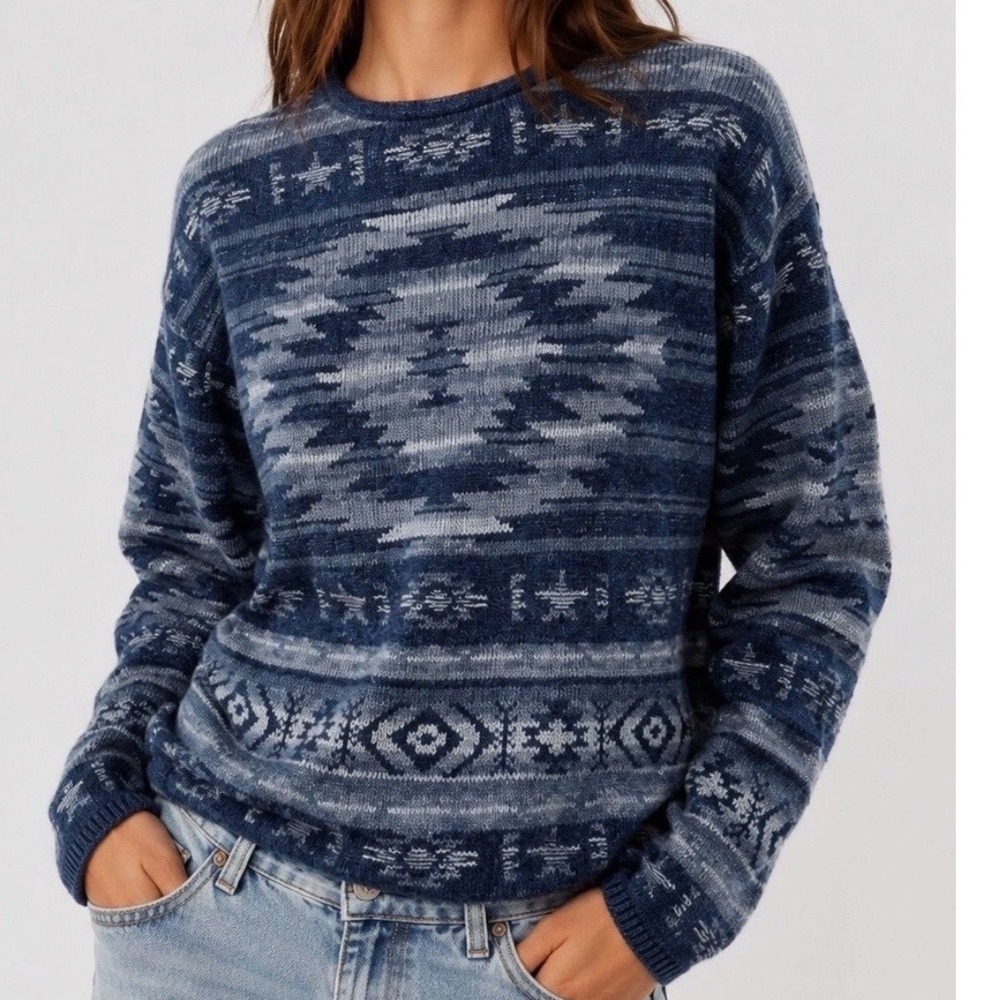 Polo Ralph Lauren Womens L Southwestern Intarsia Sweater Blue Gray Cotton Linen